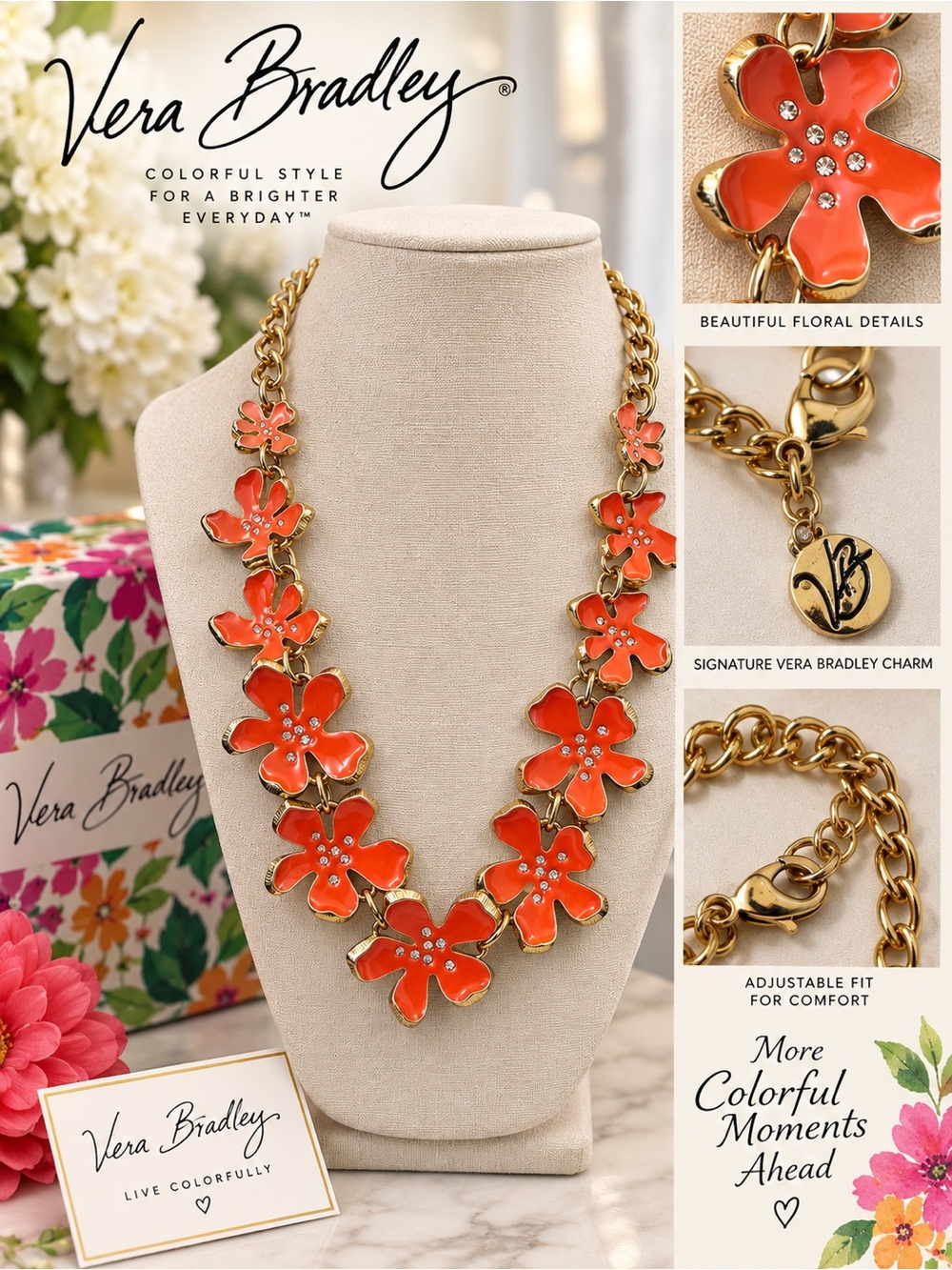 Vera Bradley Coral Enamel Flower Necklace with Gold Chain